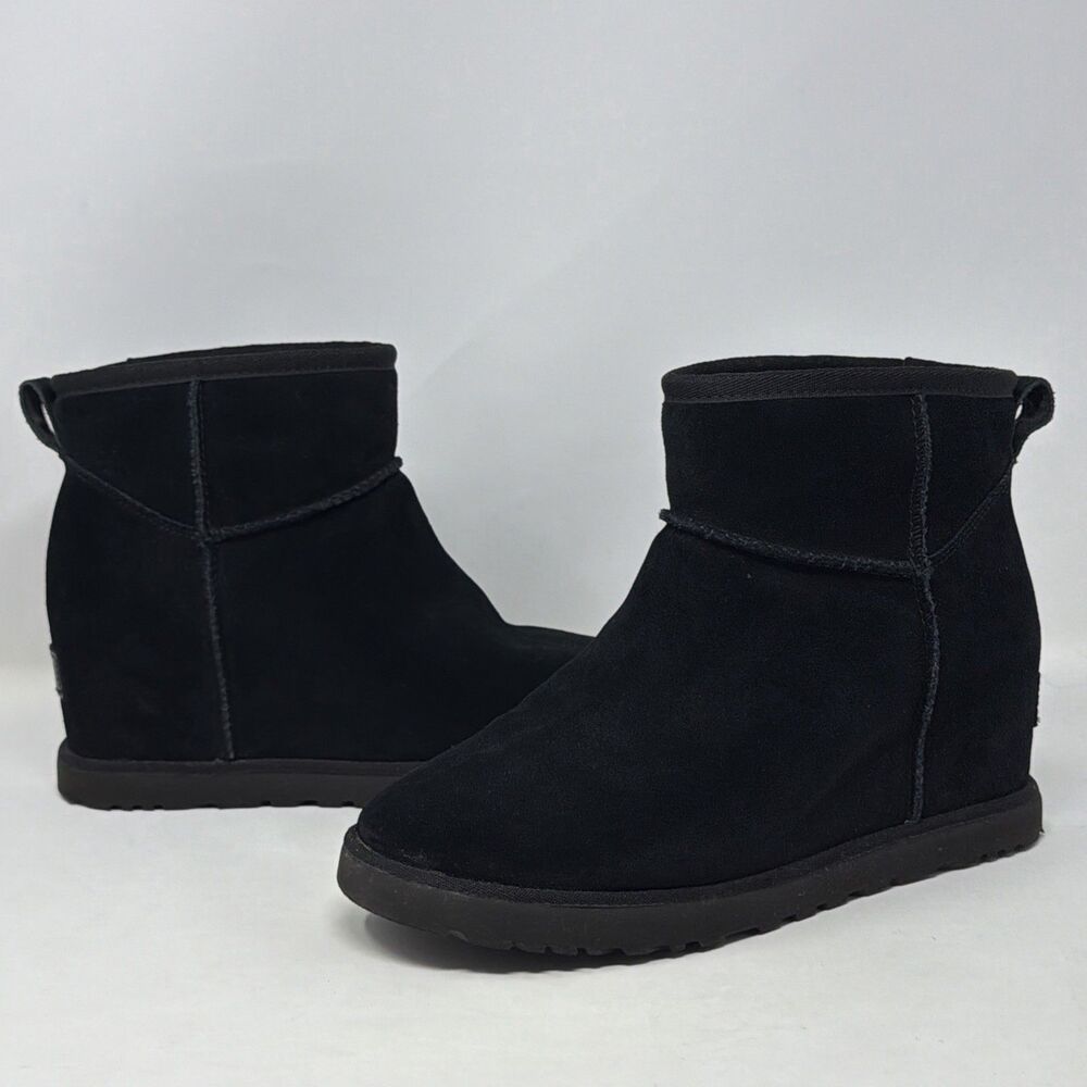 UGG Classic Femme Mini 1104609 Black Suede Wedge Boots Women 8 Sheepskin
